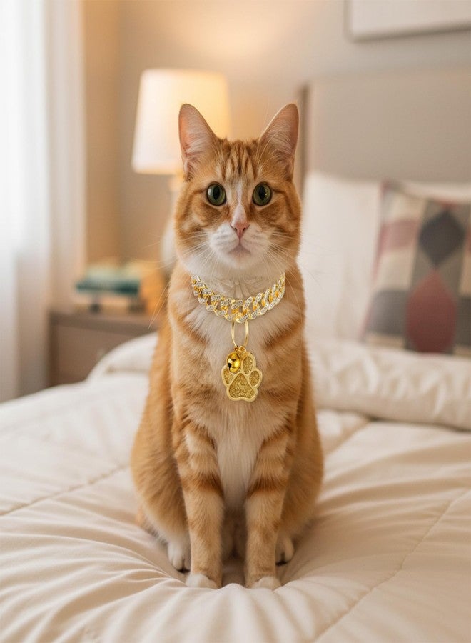 Eldraqth Cat Collar Diamond Cat Chain Collar Metal Pet Necklace with Paw Charm and ID Tag Bell Bling Pet Collars Cuban Link Jewelry Accessories for Small Medium Dogs Cats Puppy Kittens (Gold, 10 Inch) - Image 4
